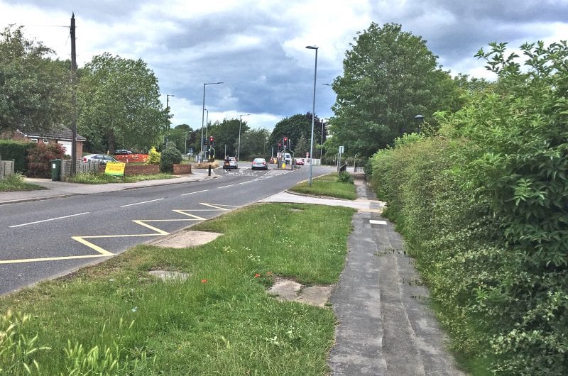 Churchill Avenue approach to the A418 junction: some of the grass verge will be used for road widening