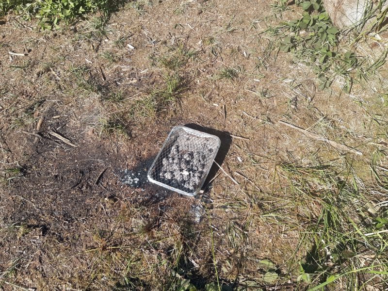Disposable barbecue left by picnickers in the woods