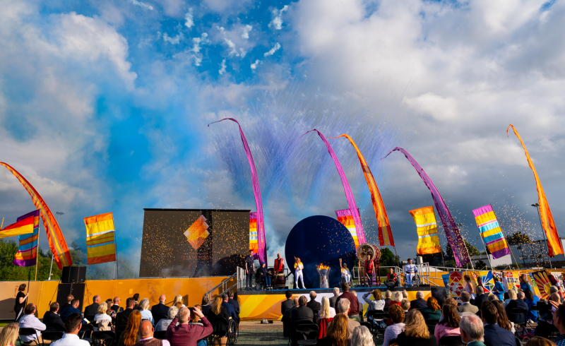 Fireworks over the stage, Paralympic Heritage Flame Lighting Ceremony 2020