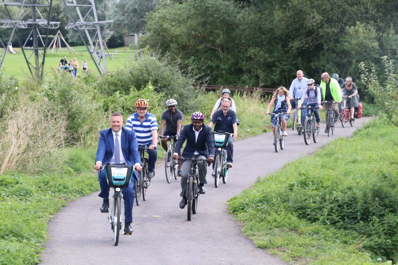 Steve Broadbent, on one of the Waddesdon Greenway e-bikes, leads the way along the new Haydon Hill extension.