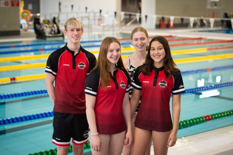 First swimmers in the pool at Chilterns Lifestyle Centre. (L-R Michael Grachev, Brigitte Chapman, Lucy Quill and Kres from Amersham Swimming Club.)